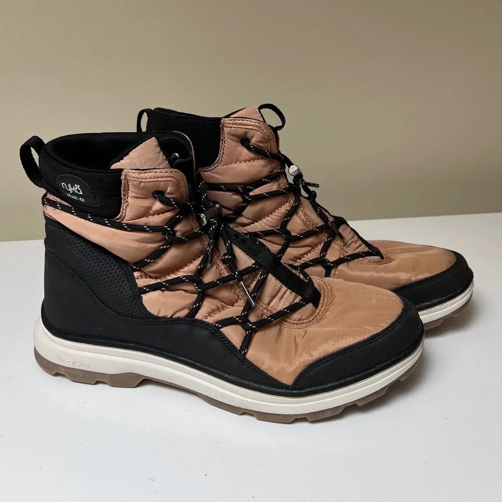 Ryka Brae Womens Winter Boots Tan Black Quilted Water Repellent RE-ZORB Size 10M